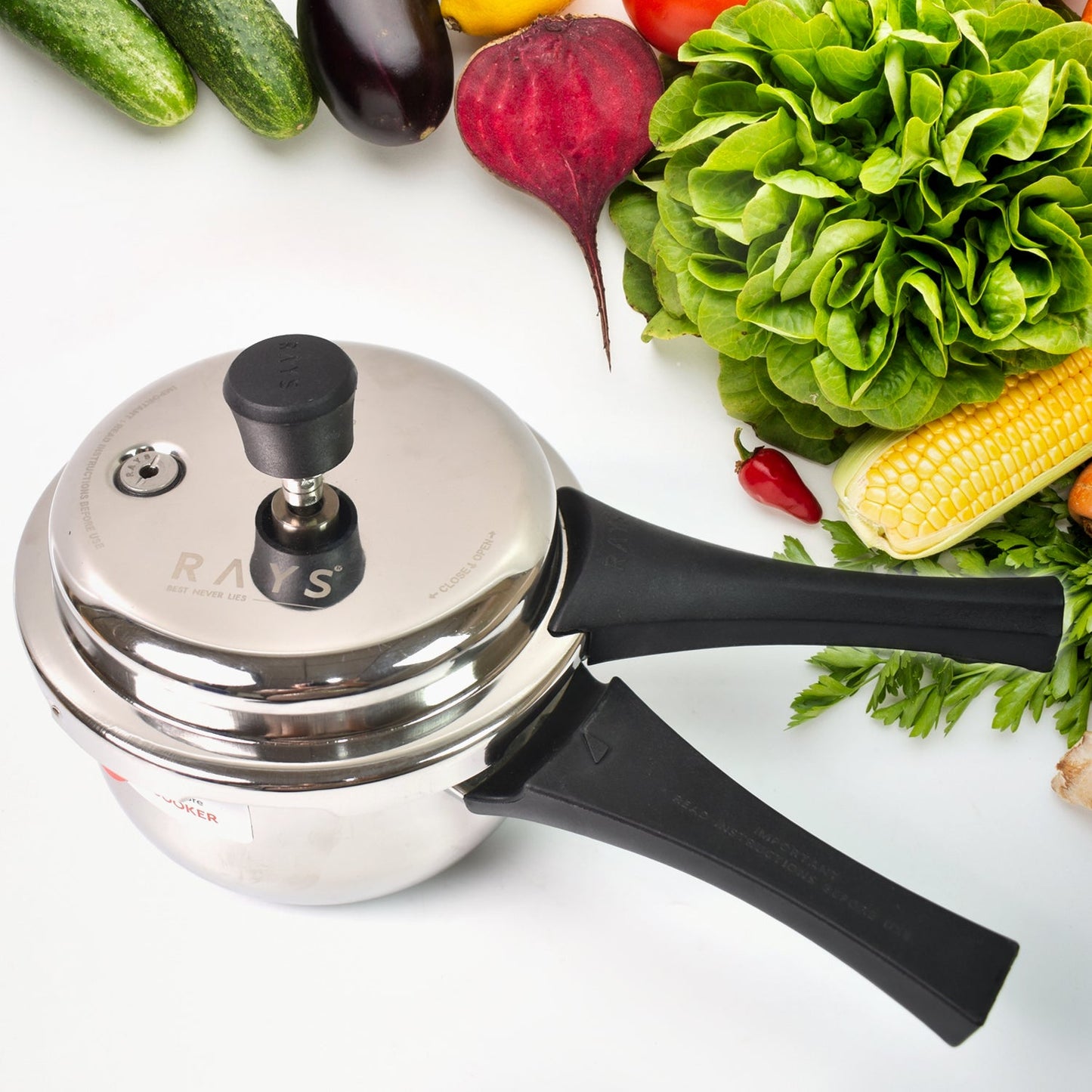 Stainless Steel Rays Fusion Pressure Cookers With Outer Lid (2.5 Litres / 5-Year warranty, ISI Number :- 2347, BIS Number :- CM/L -7600164310